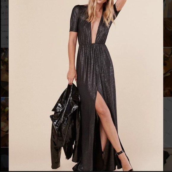 NEW REFORMATION Dark Silver Adeline Maxi Dress Deep V Metallic Midi Dress XS S - Picture 1 of 5